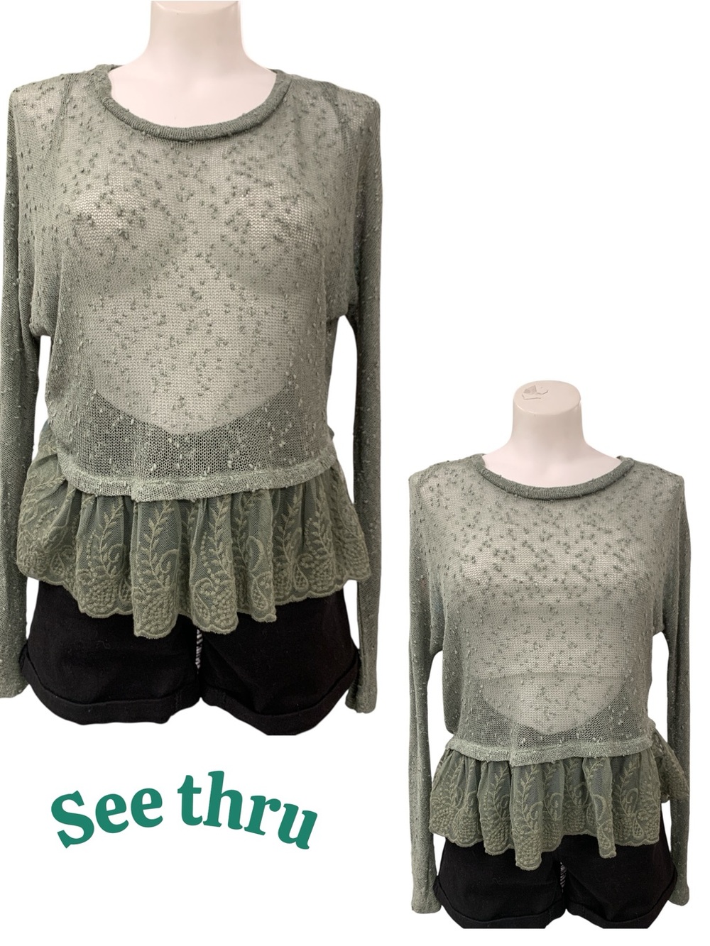 American Eagle NWT Outfitters Sheer Sage Green Ruffle Peplum Top Size S